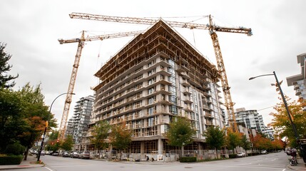 Towering construction cranes dominate the frame, overseeing the progress of a large modern building project with a mix of exposed concrete and wooden frameworks, set against a cloudy, overcast sky,...
