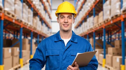 Happy Logistics Worker in Hard Hat Smiling, Managing Inventory in a Modern Warehouse Environment - Powered by Adobe