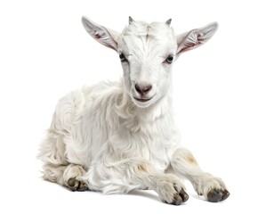 Adorable White Goat Kid Lying Down Against a White Background