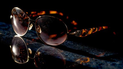Sunglasses with a gold frame and tortoise-shell pattern arms rest on a reflective surface, casting a mirrored image with a dark, dramatic background. The lighting creates shadows.