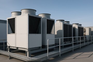 Industrial rooftop HVAC array with modern air conditioning units under bright sky clean lines safety railings and urban skyline hint illustrating climate control and building services engineering