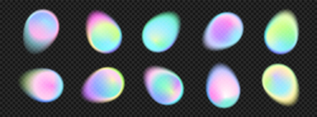 Abstract organic blobs and circular forms with soft gradient glow and holographic effect. Fluid watercolor shapes in pastel and neon colors for modern backgrounds and design elements. Stock vector