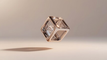 Fototapeta premium A shiny chrome dice with hollow transparent core, floating above pastel beige floor, surreal futuristic object.