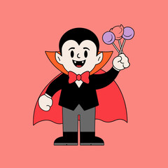 Cute Cartoon Vampire Child Holding Candy Lollipops in Pink Background