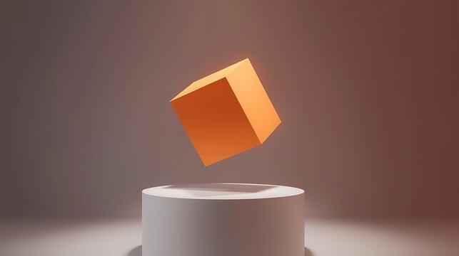 Conceptual geometric composition showing an orange cube floating just above a white pedestal.