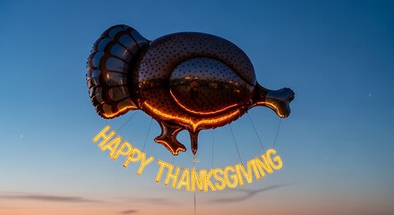 A turkey shaped balloon with happy thanksgiving letters floating in the sky during sunset time light