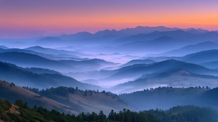 Fototapeta premium Majestic mountain range silhouettes against a vivid, colorful sunset sky, with layers of peaks fading into the distance, creating a serene and tranquil vista, with soft hues of blue and orange...