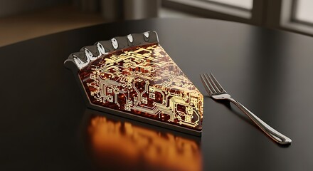 Slice of circuit board pie with silver crust and fork on a glossy black table near a window light