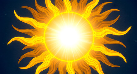 Radiant Celestial Sun with Bright Rays Extending Against a Dark Blue Background