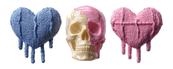 Colorful Heart and Skull Art with Knit Texture on Transparent Background