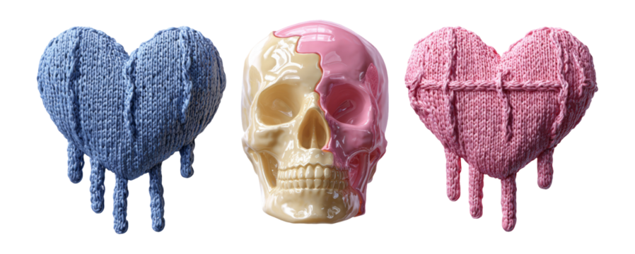 Colorful Heart and Skull Art with Knit Texture on Transparent Background