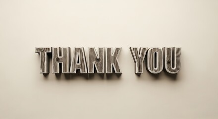 Thank you message with wooden textured letters on a light beige colored background in a studio shot