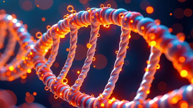 Natural DNA Helix Double Strand Glowing with Vibrant Orange Blue Colors and Light Particles, Showcasing Beautiful Science Patterns