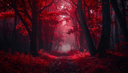 Atmospheric photo of a dark red forest, eerie lighting, and creepy surreal ambiance, evoking fantasy or horror vibes in a moody autumn landscape.
