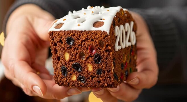 A slice of fruitcake with icing that says the year twenty twenty six being held in hands