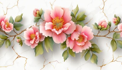 Elegant digital floral design featuring pink blossoms with green leaves and a marble background