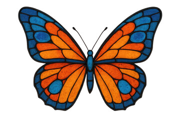 Stained glass butterfly vibrant orange blue wings isolated