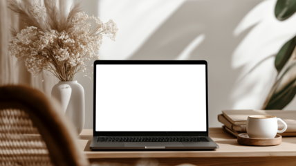 花瓶と植物に囲まれたモダンなワークスペース、シンプルで整えられた机上に自然光が優しく差し込む美しい構図、ナチュラルテイストとミニマル空間の抽象的インテリア写真