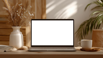 ノートパソコンと観葉植物が置かれたシンプルなデスクスペースに自然光が差し込む静かな朝の部屋風景、ミニマルデザイン、柔らかな影と空気感を感じるインテリア写真素材