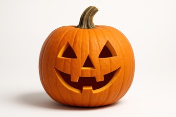Premium carved halloween pumpkin with intricate face smooth orange skin and soft studio shadow isolated on pure white for seasonal ads and festive product mockups