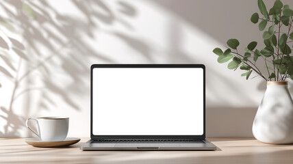 柔らかな自然光と影が演出する、花瓶と観葉植物が彩る静かなデスク空間、ノートパソコンが置かれたナチュラルモダンな室内のワークスペース、シンプルライフを感じる構図