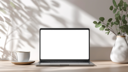 柔らかな自然光と影が演出する、花瓶と観葉植物が彩る静かなデスク空間、ノートパソコンが置かれたナチュラルモダンな室内のワークスペース、シンプルライフを感じる構図