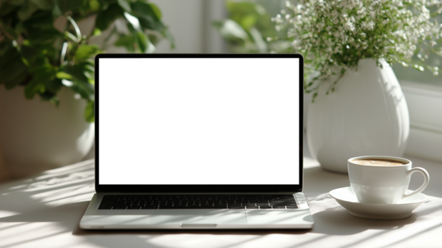 柔らかな自然光と影が演出する、花瓶と観葉植物が彩る静かなデスク空間、ノートパソコンが置かれたナチュラルモダンな室内のワークスペース、シンプルライフを感じる構図