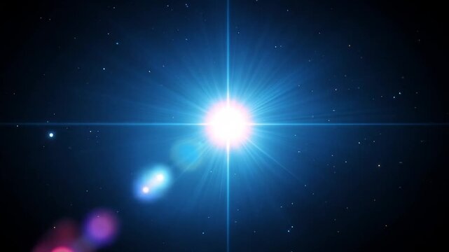 A bright, central light source radiates across a dark blue canvas, speckled with small, distant points of light, creating a cosmic or celestial effect