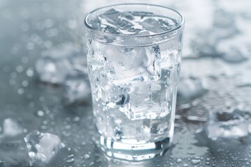 Clear tumbler filled with ice cubes and water, condensation on glass, refreshing hydration mockup.
