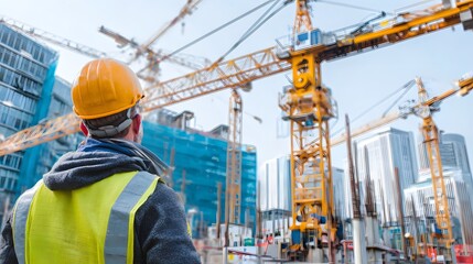 Construction worker, wearing a yellow safety vest and hard hat, looks towards active construction sites with towering cranes and partially built buildings under a bright, clear sky during daylight...