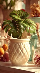 A lush monstera plant in a patterned pot sits on a shelf with other decorative objects