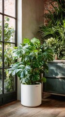 Lush indoor plant in a white pot beside a window, with various green foliage & brick background