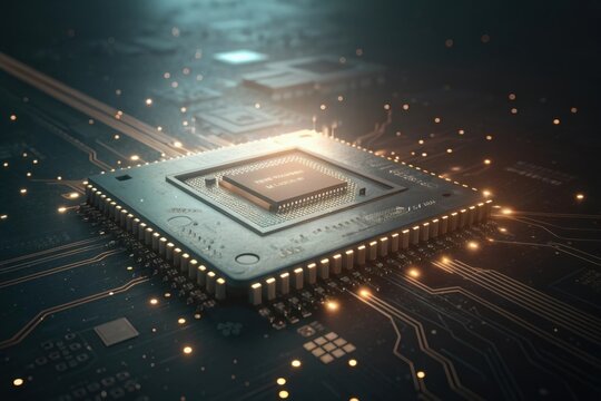 Close-up view of a microprocessor on a circuit board with glowing connections and digital elements