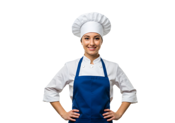 Smiling young female chef in uniform with toque and apron standing with hands on hips