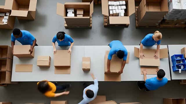 High angle overhead shot of a busy warehouse team packing boxes and preparing shipments, simulating a real camera recording