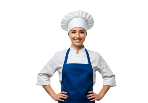 Smiling young female chef in uniform with toque and apron standing with hands on hips - Powered by Adobe