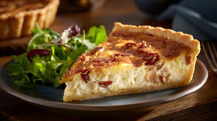 Slice of savory quiche with flaky golden crust, filled with creamy custard and savory ingredients, is served on a plate alongside a fresh green salad, presented in a rustic food photography style.
