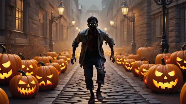 Zombie running down a cobblestone street lined with jack o lanterns and street lamps in the fog halloween zombie video