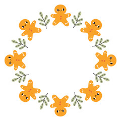 A festive round frame with gingerbread man cookie. The simple vector design perfect for Christmas and New Year decorations or holiday greetings.