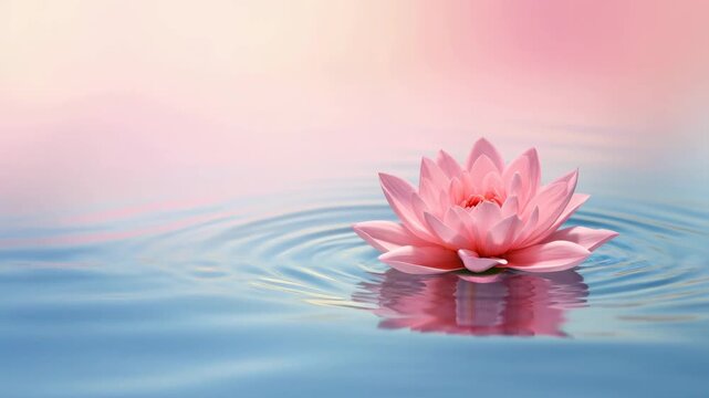 Pink lotus flower floating on calm water with rippling circles, reflecting in the serene surface, tranquil nature scene footage.