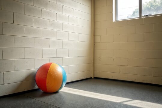 Colorful beach ball resting in a sunlit corner of a minimalist indoor space - Powered by Adobe