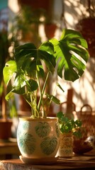 A leafy green houseplant in a patterned pot sits bathed in warm sunlight