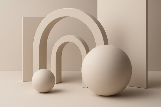 Sculptural abstract 3D forms with soft shadows and floating geometry creating a gallery grade minimal background for premium product showcases editorial art and refined design statements