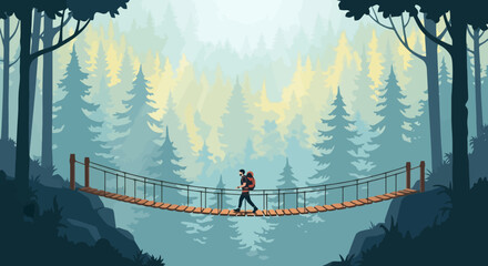 Solitary Hiker Navigating a Suspension Bridge in a Lush Forest. Ideal for showcasing outdoor adventure, personal growth, and the allure of natural landscapes.