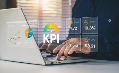 Business KPI dashboard with performance metrics including ROAS, CTR percentage, CPM cost and CPL...