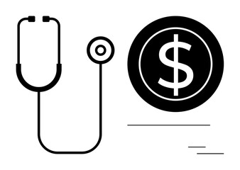 Stethoscope next to a dollar sign emphasizing healthcare costs, financial decisions, medical bills, and insurance. Ideal for healthcare, finance, insurance, decision-making, savings policy
