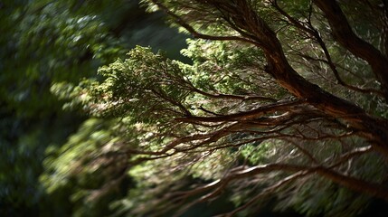 Fototapeta premium Sunlight gently illuminates the intricate network of branches and lush foliage of a tree, showcasing the natural details within the vibrant green canopy and the dark, textured bark of the tree...