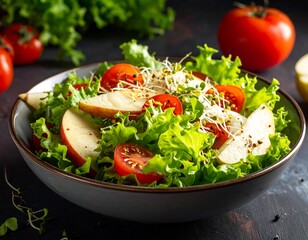 A vibrant salad bowl filled with fresh, sliced apples, crisp lettuce, and juicy cherry tomatoes, showcasing a healthy and delicious meal.