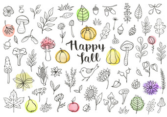 Handdrawn autumn illustrations with Happy Fall text