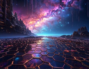 Abstract cosmic landscape with futuristic elements and vibrant celestial colors